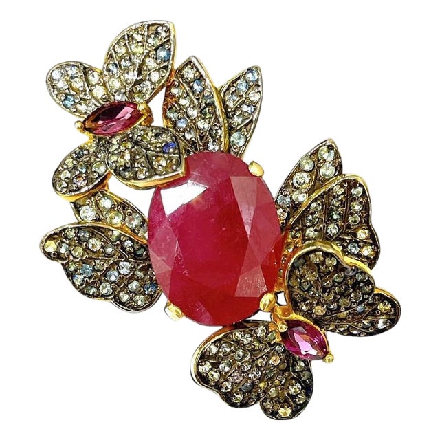 Bochic "Orient" Vintage Ruby & Sapphire Vintage Cluster Ring Set 18K & Silver For Sale