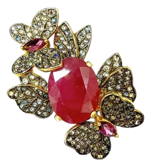 Bochic "Orient" Vintage Ruby & Sapphire Vintage Cluster Ring Set 18K & Silver