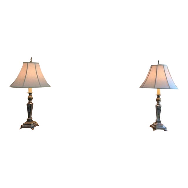 Neoclassical Cast Metal Table Lamp Pair With Stiffel Shades For Sale