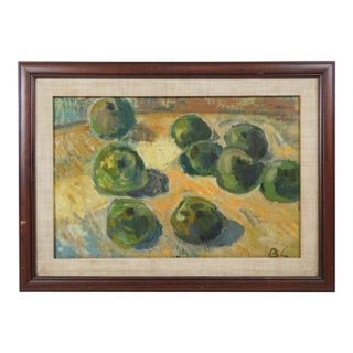 Early 20th Century Impressionist Green Apple Still Life Painting For Sale