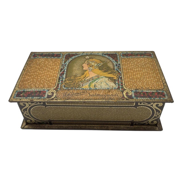 1920s Whitman's Salmagundi Chocolates Mucha Style Art Nouveau Gold-Tone Metal Tin Box For Sale
