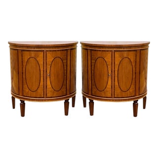 Italian Banded & Inlaid Satinwood Demilune Cabinets Att. Decorative Crafts -Pair For Sale