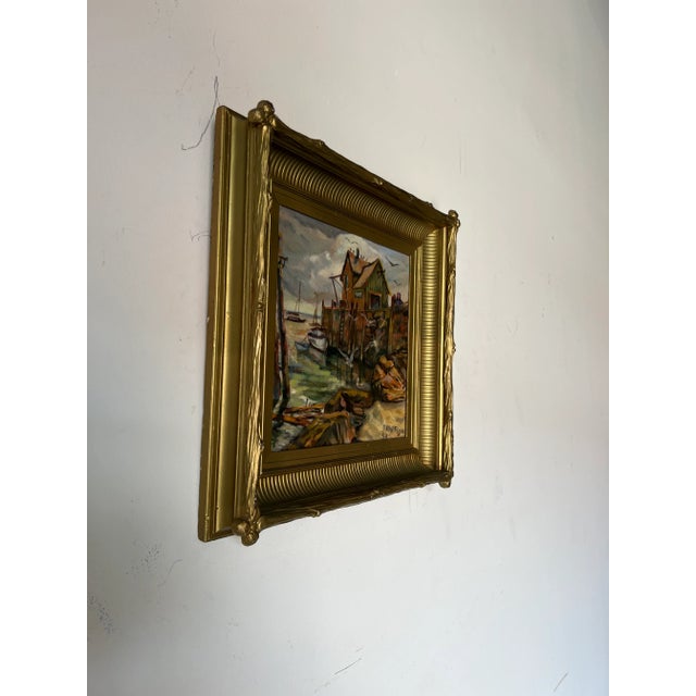 Beautifully detailed mid-century coastal harbor - fishing dock landscape oil painting on artistic canvas panel. The...