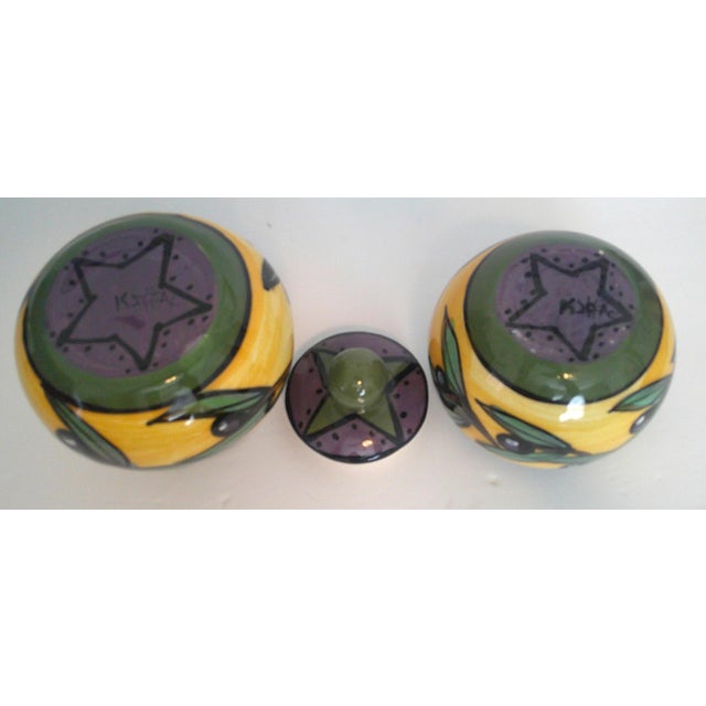 Mediterranean Vintage Kelly Jo Designs Pottery Olive Pattern Cream and Sugar Set Signed Nm For Sale - Image 3 of 12