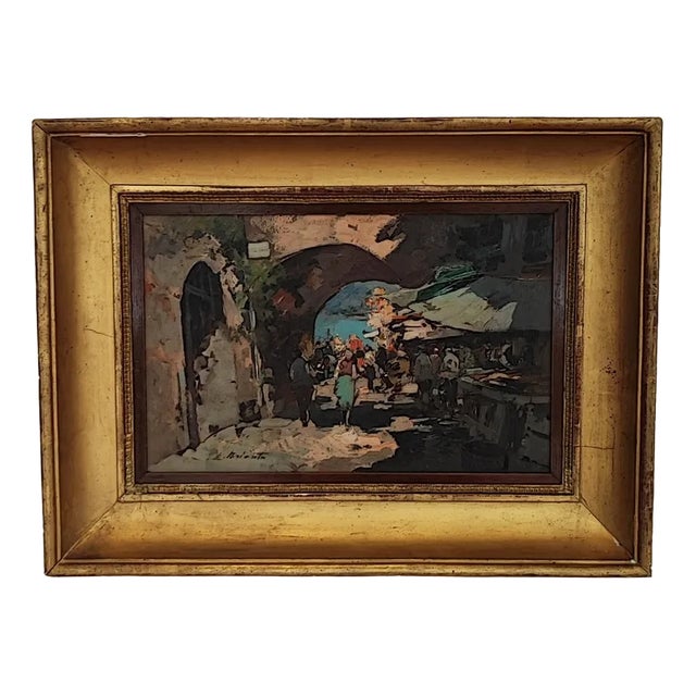 Ezelino Briante, Marché animé, Oil on Wood, Framed For Sale