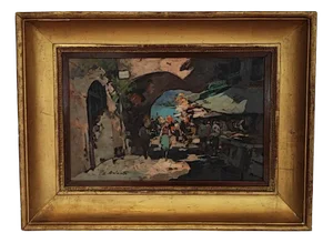 Ezelino Briante, Marché animé, Oil on Wood, Framed