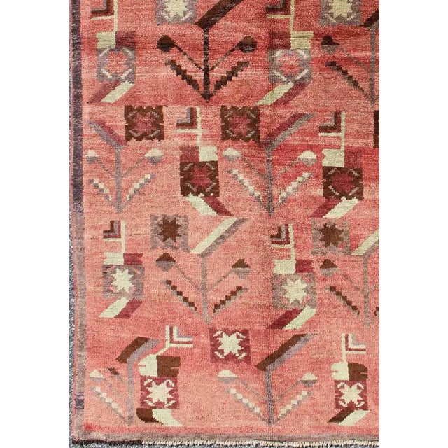 Turkish Oushak Vintage Carpet With Tribal Figures Set Soft Red Pink Background For Sale - Image 4 of 7