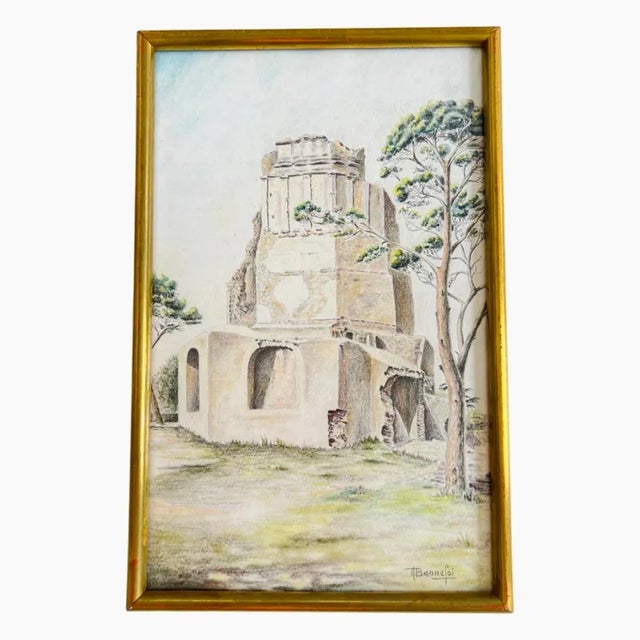Vintage French Provincial Roman History Original Drawing of La Tour Magne in Nimes Southern France Signed by Artist Bonnefoi, Framed. For Sale - Image 12 of 12