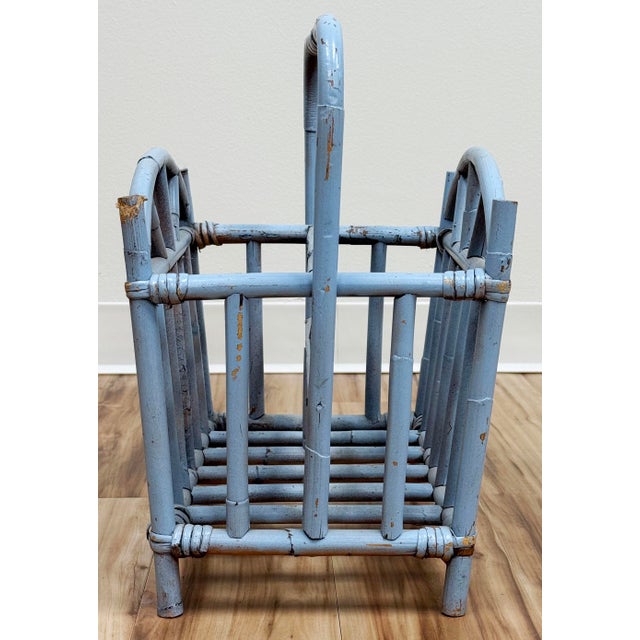 Wood Vintage Periwinkle Blue Rattan Magazine Rack For Sale - Image 7 of 12