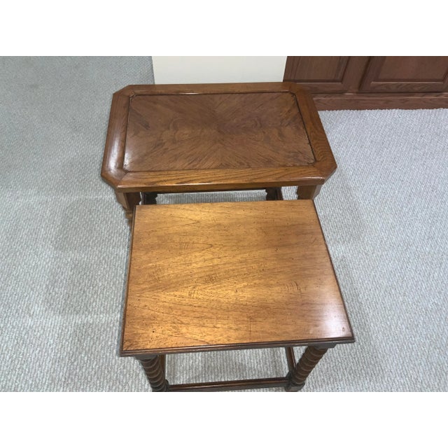 Brown 1950s Oak Wood Nesting Tables Turned Legs Stacking Tables - Set of 2 For Sale - Image 8 of 13