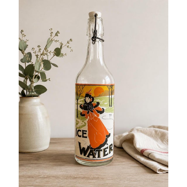 Victorian Vintage Art Nouveau “Ice Water” Swing Top Glass Bottle Featuring Victorian Lady Skating For Sale - Image 3 of 12