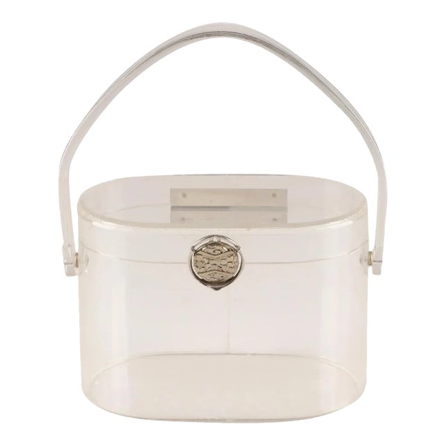 1950s Wilardy Clear Lucite Silver Medallion Hinged Box Handbag For Sale