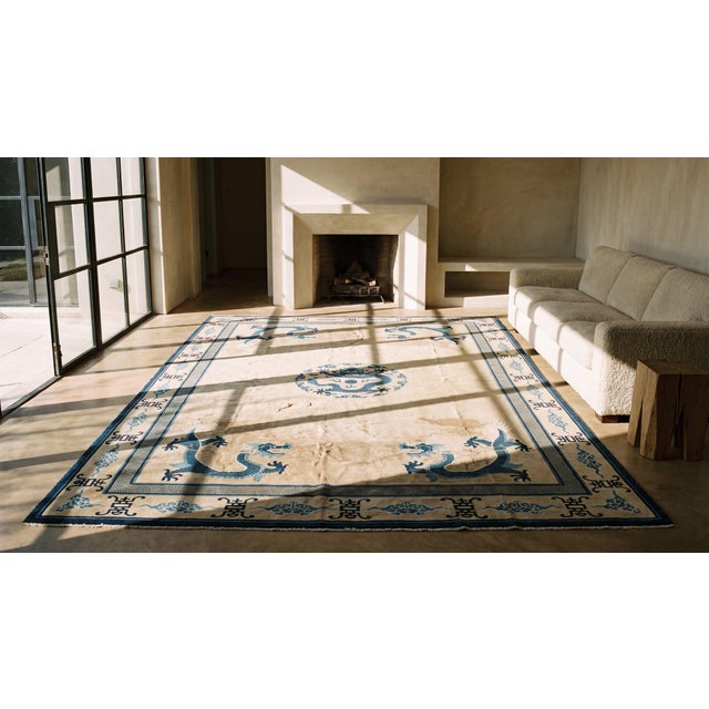 Textile Exceptional Ivory and Blue Color With Dragon Design Antique Chinese Peking Rug For Sale - Image 7 of 7