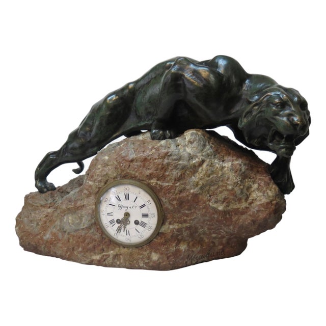 Early 20th Century Bronze Mountain Lion with Tiffany & Co. Clock For Sale