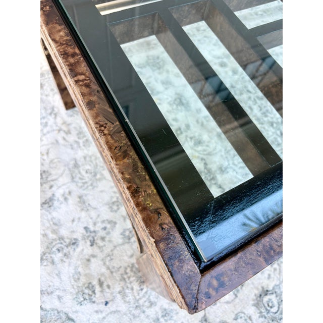Vintage Burl Finish Chinoiserie Coffee Table With Glass For Sale - Image 12 of 12
