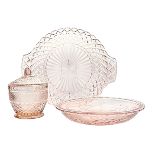 1980s Vintage Pink Depression-Style Dinnerware Serving Hostess Glass Set