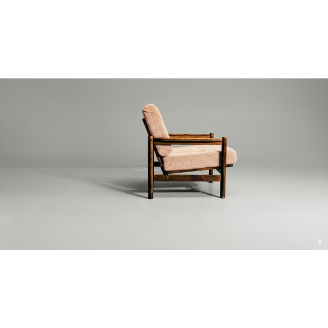 Vintage Scandinavian Dark Oak Armchair with Powder Pink Cushions, 1970s, in Very Good conditions. Designed 1970 to 1979