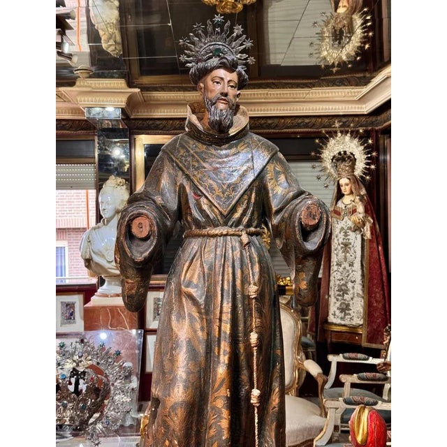 Baroque Spanish Baroque School Artist, Life-Size Sculpture of Saint Francis of Assisi, 1600s, Gilded Wood For Sale - Image 3 of 7