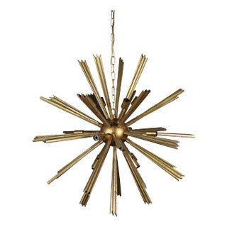 Matthew Izzo Home Starburst Large Pine Wood & Antique Gold Wash Chandelier For Sale