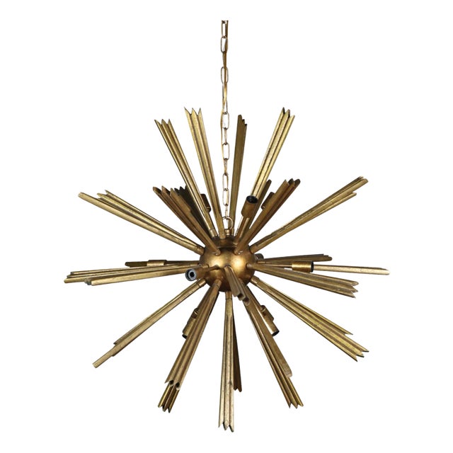 Matthew Izzo Home Starburst Large Pine Wood & Antique Gold Wash Chandelier For Sale