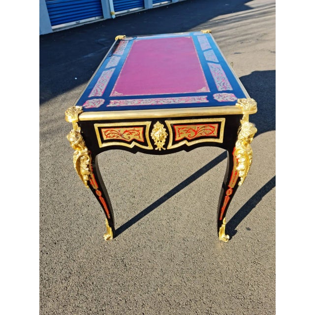 2020s Boulle Style Writing Desk/ Table Bureau Plat French Style Marquetry Inlay With Burgundy Faux Leather on the Top. For Home and Office. For Sale - Image 5 of 12