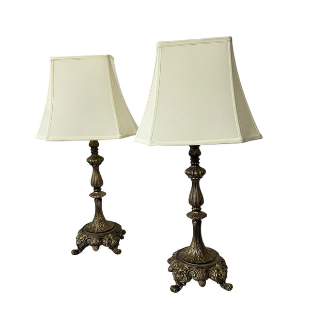 Mid 20th Century Mid Century Gilt Metal Footed Baroque Style Lamps and Shades - A Pair For Sale - Image 5 of 10