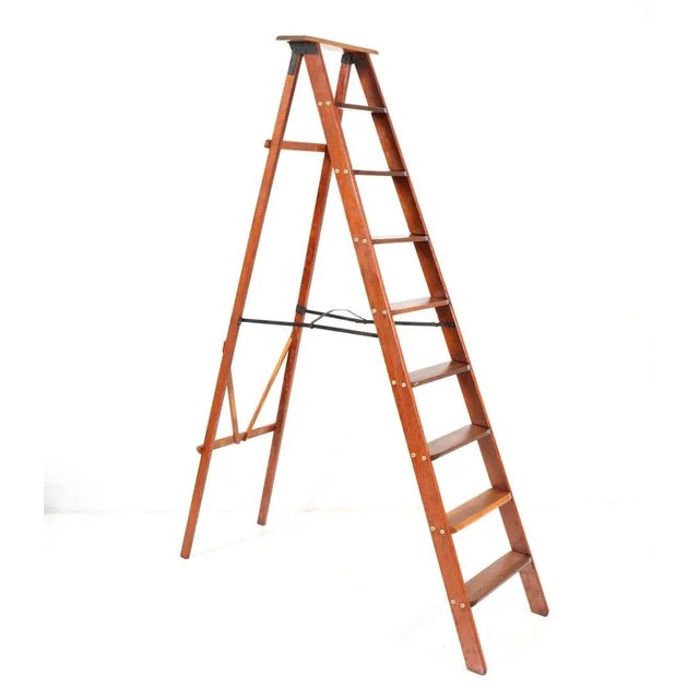 Stunning and rare Art Deco library nine steps ladder. Striking Dutch design from the 1920s. Solid pitch pine with black...