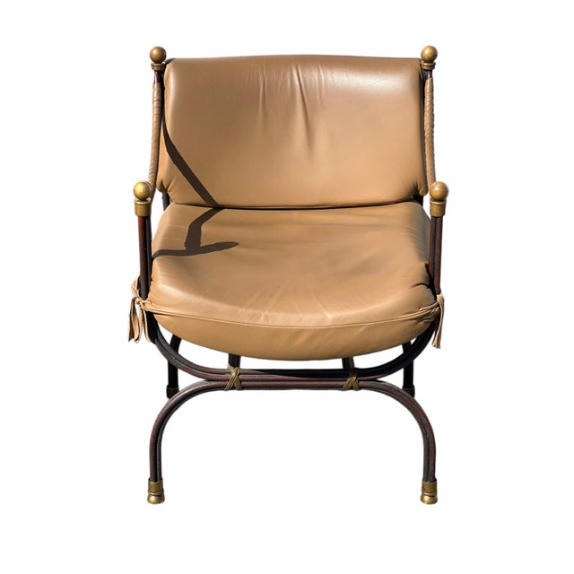 Pair of Curule Leather and Brass Campaign Armchairs Styled After Steve Chase For Sale - Image 9 of 18