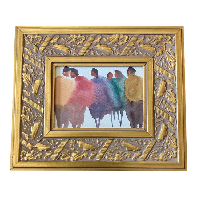 1970’s Original Vintage Abstract Figure Line Up Watercolor Painting Chunky Gold Frame For Sale