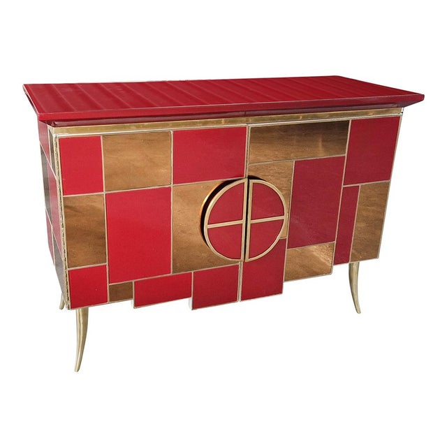 Brown Sideboard with 2 Illuminated Doors in Burgundy Red Glass and Mirror, 1980s For Sale - Image 8 of 16