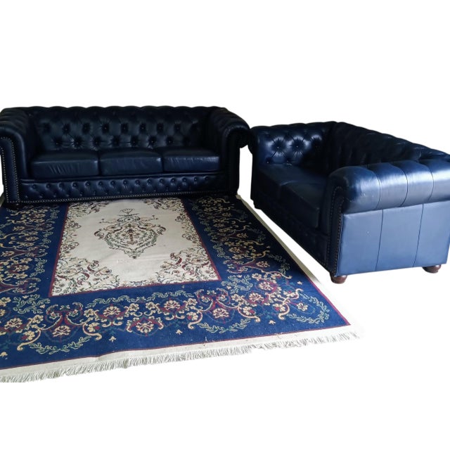Elevate Your Living Space With These Navy Chesterfield Genuine Leather Sofa and Loveseat Set For Sale - Image 10 of 12