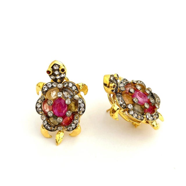 Bochic "Orient" Vintage Ruby & Fancy Sapphire Turtle Earrings 18K Gold & Silver For Sale - Image 11 of 18