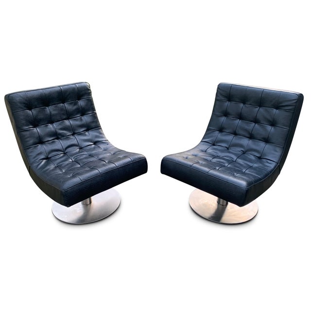 A Pair of Arne Norell Faux Black Crocodile Mid Century Modern Design Lounge Chairs. Raised On Very Heavy Pedestal Circular...
