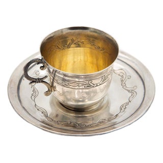 Embossed Silver Coffee Cup and Saucer, Set of 2 For Sale