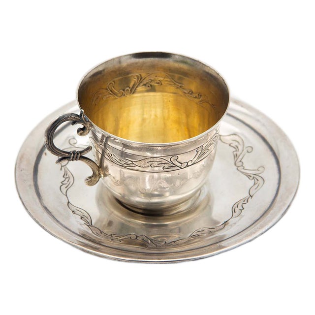 Embossed Silver Coffee Cup and Saucer, Set of 2 For Sale