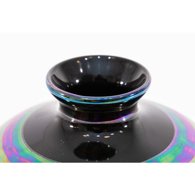 Ceramic Set of 4 Striped Iridescent Black Ceramic Vessels Contemporary Modern For Sale - Image 7 of 10