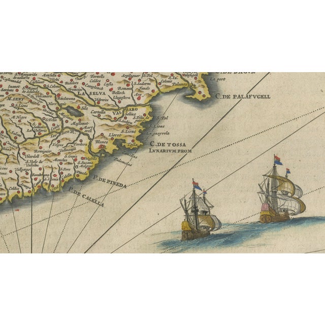 Black Catalonia Map with Barcelona and Mediterranean Coast from Blaeu, 1642 For Sale - Image 8 of 14