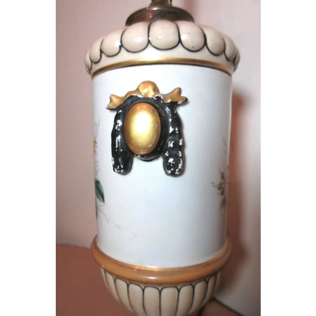 Rare Antique 1800's Hand Painted Pottery Brass Porcelain Electrified Oil Lamp For Sale - Image 10 of 11