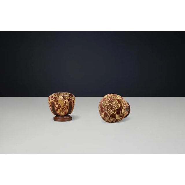 Vintage Italian Art Deco Walnut and Velvet Poufs, 1930s, Set of 4 For Sale - Image 14 of 18