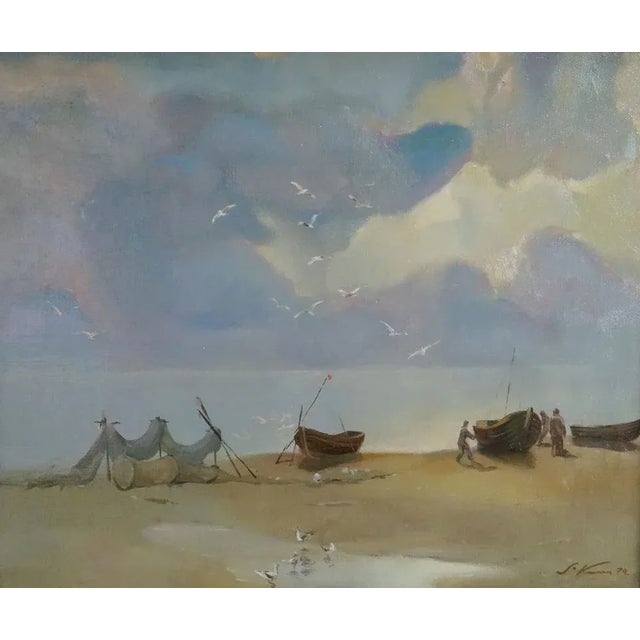 Stanislav Kreics, Fishing Boats, 1974, Oil on Canvas For Sale - Image 3 of 3