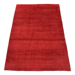 Solid Red Rug 4′ X 5’8” Wool Contemporary Hand-Knotted Carpet For Sale