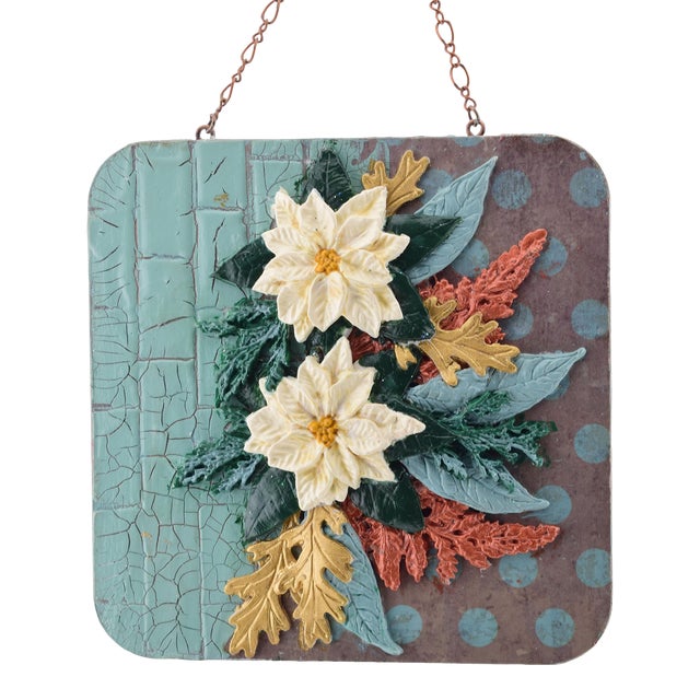 Handmade Wooden Christmas Ornament 'White Poinsettia & Christmas Bells' For Sale