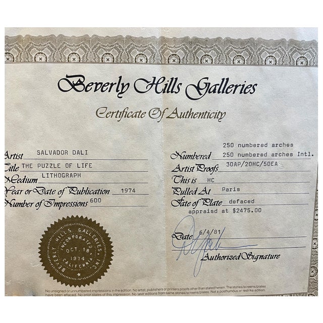 Monumental Original Surrealist Signed Color Lithograph "Puzzle of Life" by Surrealist Spanish Salvador Dali 1974 Coa For Sale - Image 12 of 12