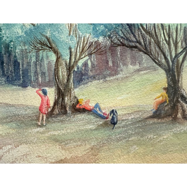 A lovely and serene landscape with beautiful attention to detail. There are 3 tiny figures sitting and standing beneath...