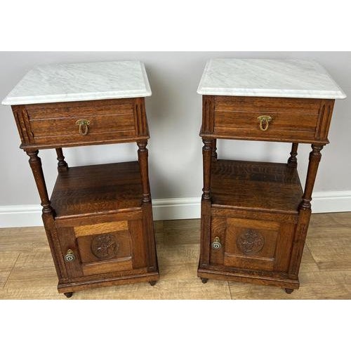 French Bedside Tables in Carved Oak with Marble Top, Set of 2 For Sale - Image 16 of 16