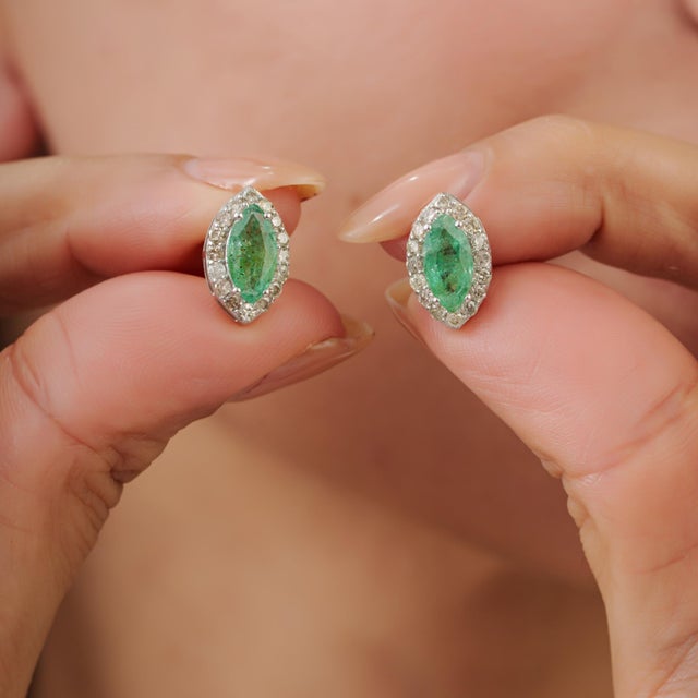 Vintage Inspired 1.8 Ct Natural Marquise Emerald & Diamond Stud Earrings 2 Pieces For Sale - Image 6 of 12