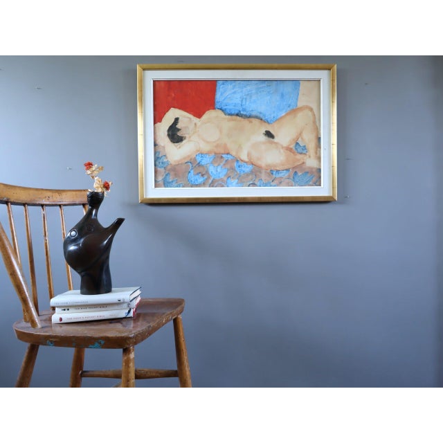 Mid-Century Modern Mid-Century Modern 'Reclining Figure on Rug' Original Swedish Figurative Watercolour Painting, Framed For Sale - Image 3 of 12