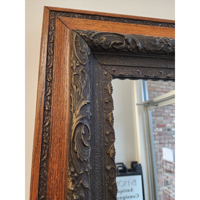 Bronze Decorative Eastlake Solid Oak and Patinated Bronze Work Double Frame Mirror, Circa 1890s For Sale - Image 8 of 12