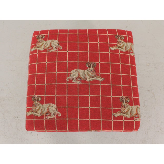 Pair Chinese Chippendale Dog Print Upholstered Ottomans or Stools