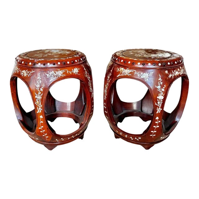 Pair Chinese Rosewood Mother Pearl Inlaid Garden Seat Stools For Sale